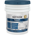 White paint bucket with blue lid labeled Rust-Oleum Silicone Roof Coating on a white background