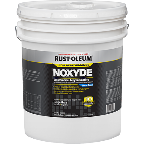 White paint bucket with Rust-Oleum Noxyde label on a white background