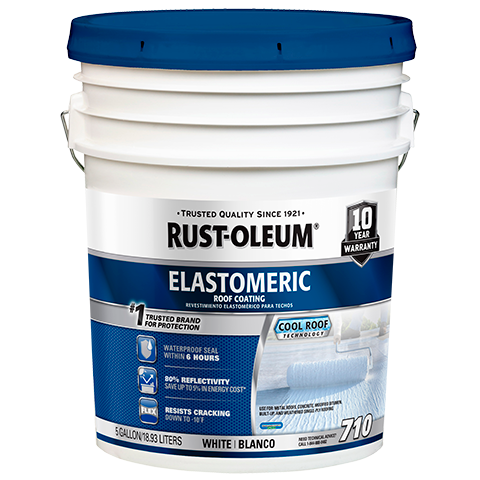 White 5 gallon bucket of Rust-Oleum Elastomeric Roof Coating with blue lid on a white background
