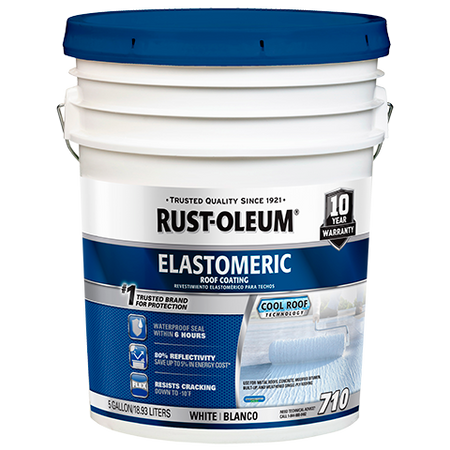 White 5 gallon bucket of Rust-Oleum Elastomeric Roof Coating with blue lid on a white background