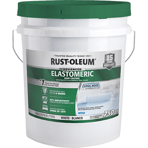 White 5 gallon paint bucket with green lid labeled Rust-Oleum Elastomeric Roof Coating on a white background