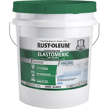 White 5 gallon paint bucket with green lid labeled Rust-Oleum Elastomeric Roof Coating on a white background