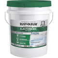 White 5 gallon paint bucket with green lid labeled Rust-Oleum Elastomeric Roof Coating on a white background