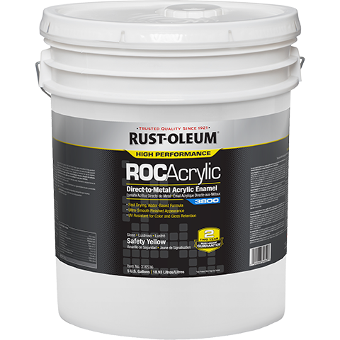 White 5 gallon paint bucket with Rust-Oleum ROC Acrylic label on a white background Safety Yellow