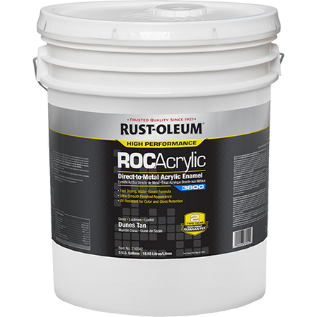 White 5 gallon paint bucket with Rust-Oleum ROC Acrylic label on a white background Gloss Dunes Tan