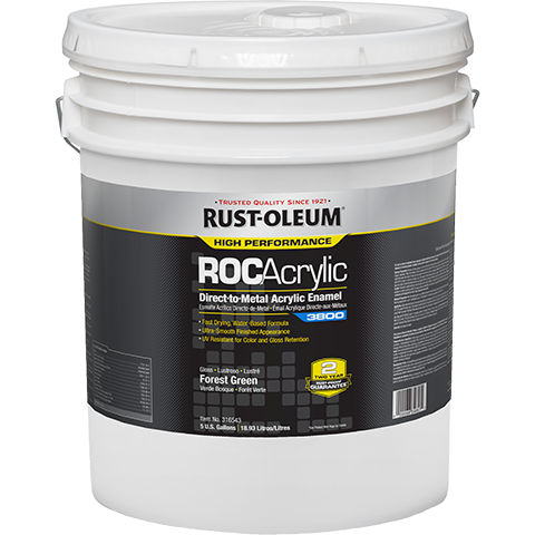 White 5 gallon paint bucket with Rust-Oleum ROC Acrylic label on a white background Gloss Forest Green