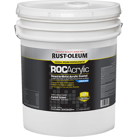White 5 gallon paint bucket with Rust-Oleum ROC Acrylic label on a white background Gloss Forest Green