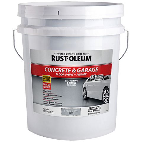 White paint bucket with Rust-Oleum Battleship Gray concrete and garage floor paint label on a white background