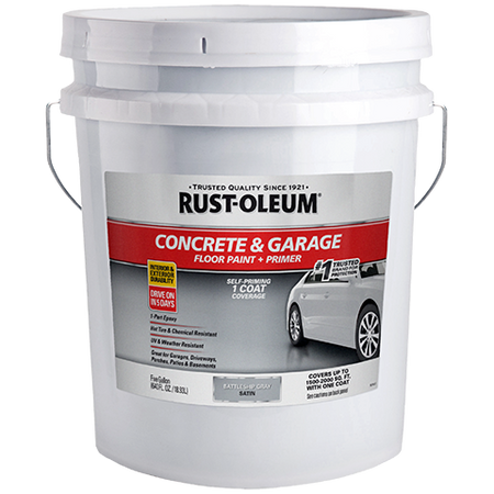 White paint bucket with Rust-Oleum Battleship Gray concrete and garage floor paint label on a white background