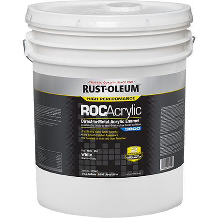 White 5 gallon paint bucket with Rust-Oleum ROC Acrylic label on a white background Flat White