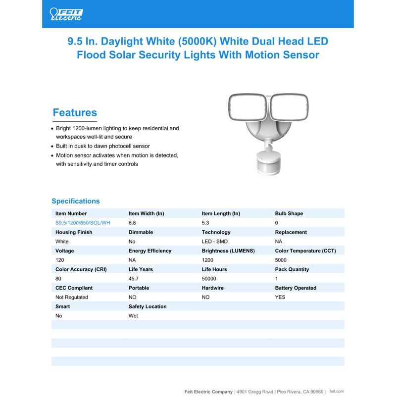Feit LED Motion-Sensing Solar Powered LED White Security Floodlight S9.51200850SLWH-2
