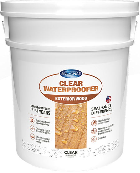 White bucket of Seal Once clear waterproofer for exterior wood with a label on a white background