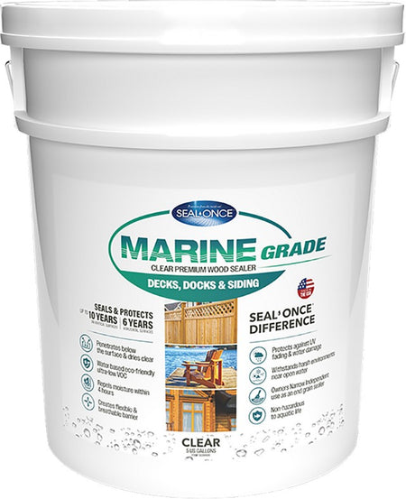 White 5 gallon bucket of Seal-Once Marine Grade wood sealer with label on a white background