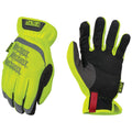 Pair of high-visibility gloves with black and red accents on a white background