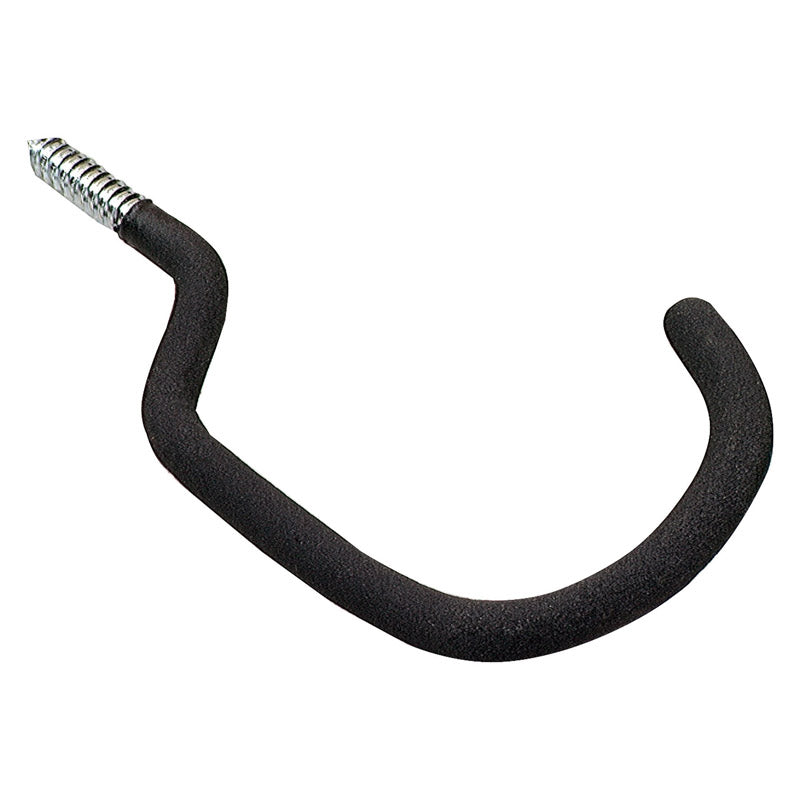 Black metal U-shaped hook with a screw on a white background