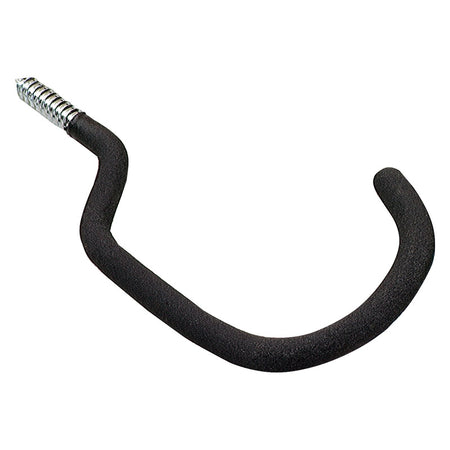 Black metal U-shaped hook with a screw on a white background