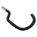 Black metal U-shaped hook with a screw on a white background