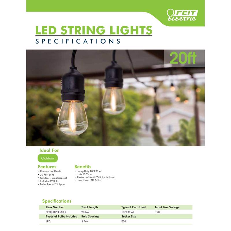 Feit Electric LED Edison LED Light String Clear 20 ft. 10-Light SL20-1 ...