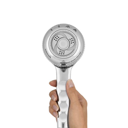 Hand holding the Waterpik Chrome PowerSpray Original Shower Massage Shower Head SM-453E