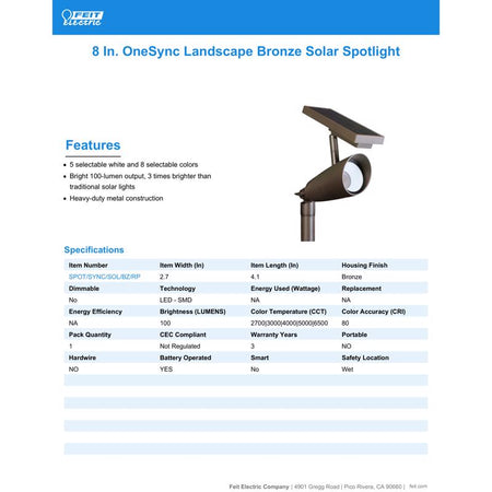 Feit OneSync Bronze Solar Powered/Remote 100 W LED Spotlight SPOTSYNCSOLBZRP-6