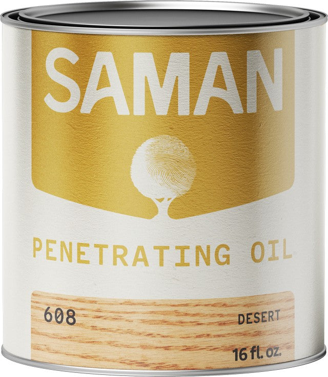 Can of Saman Penetrating Oil with a gold and white label and desert color swatch