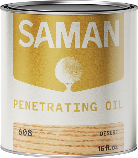 Can of Saman Penetrating Oil with a gold and white label and desert color swatch