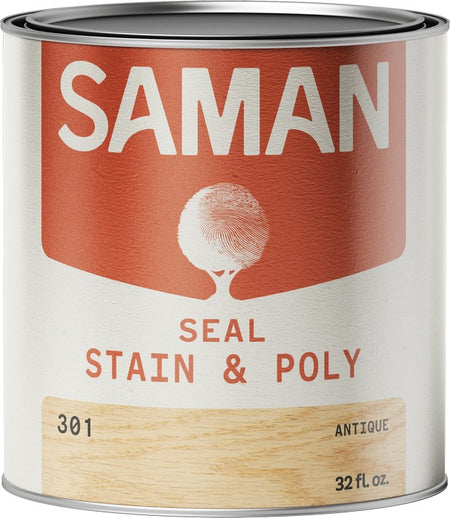 Can of Saman Seal, Stain & Poly in wood finish in antique with red label and wooden texture.