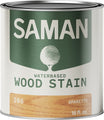 Can of Saman water-based wood stain with green label and amaretto wooden swatch.