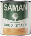 Can of Saman water-based wood stain in amaretto color with green label and wooden swatch.