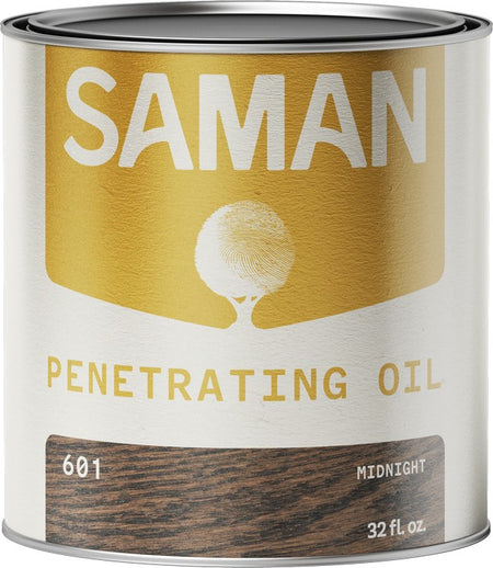 Can of Saman Penetrating Oil with gold and white label and midnight color swatch