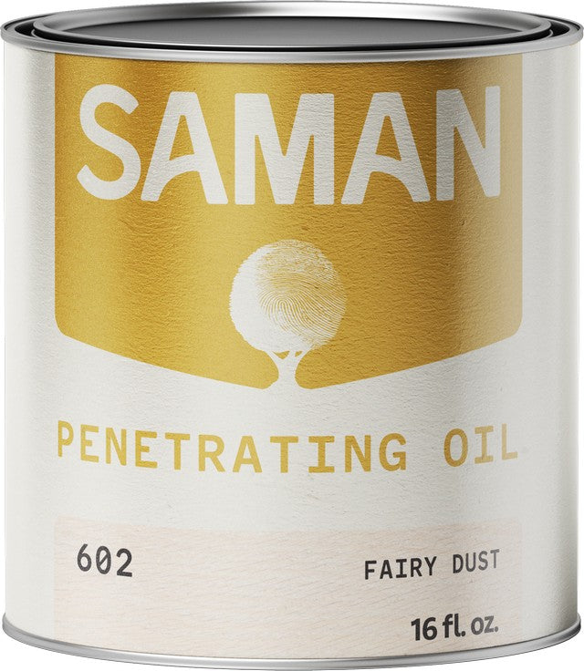 Can of Saman Penetrating Oil with gold and white label and fairy dust color swatch