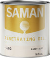 Can of Saman Penetrating Oil with gold and white label and fairy dust color swatch