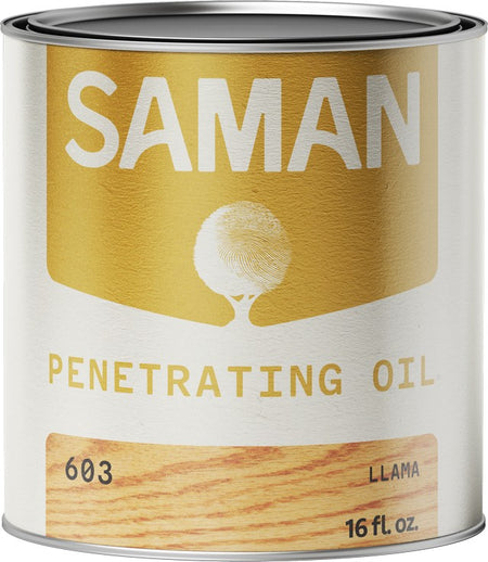 Can of Saman Penetrating Oil with a gold label and llama color swatch