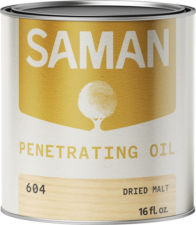 Can of Saman Penetrating Oil with a gold label and dried malt color swatch