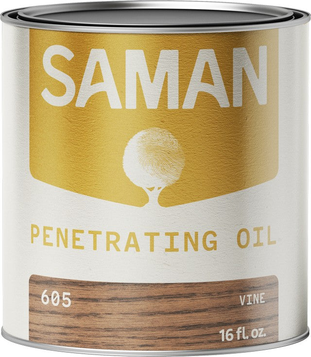 Can of Saman Penetrating Oil with a gold and white label and vine color swatch