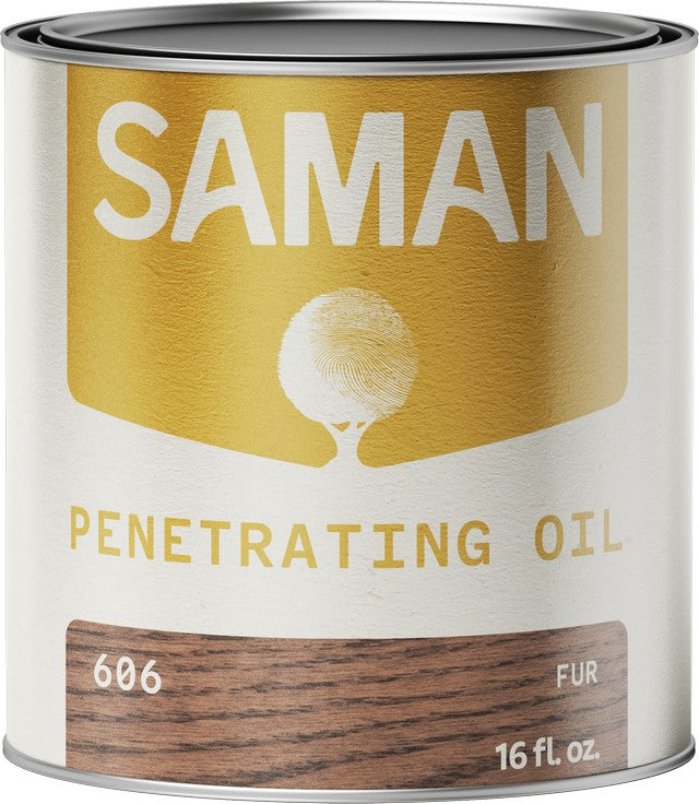 Can of Saman Penetrating Oil with gold and white label and fur color swatch