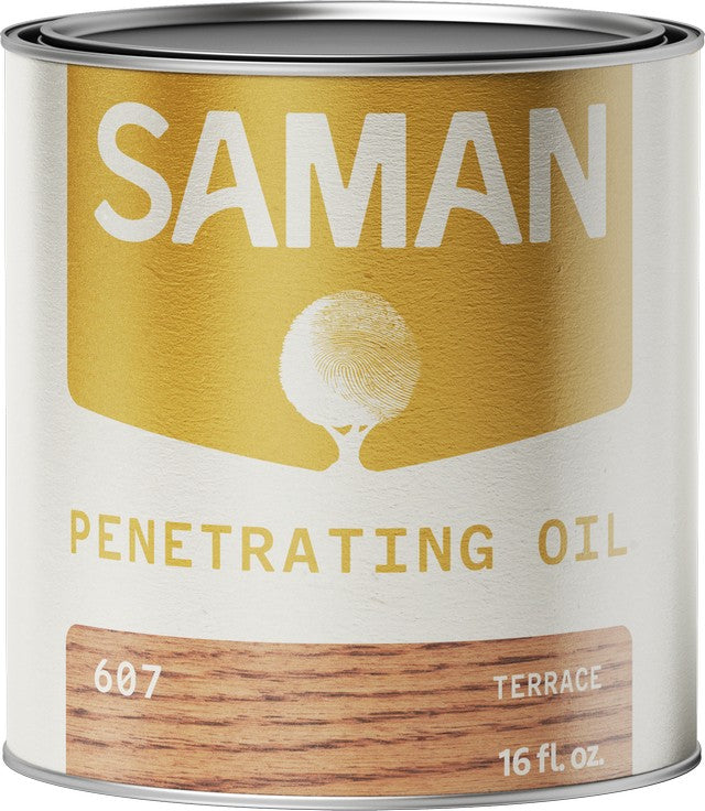 Can of Saman Penetrating Oil with gold and white label and terrace color swatch