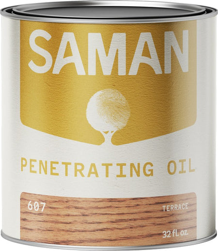 Can of Saman Penetrating Oil with a wooden terrace color label on a white background