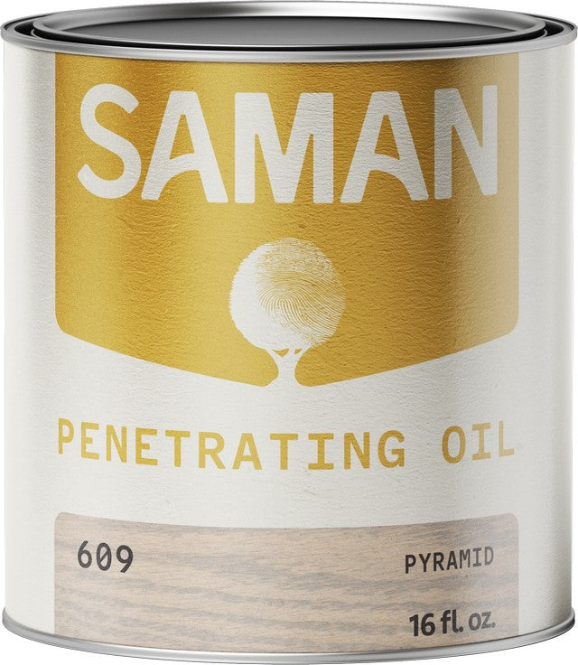 Can of Saman Penetrating Oil with gold and white label and pyramid color swatch