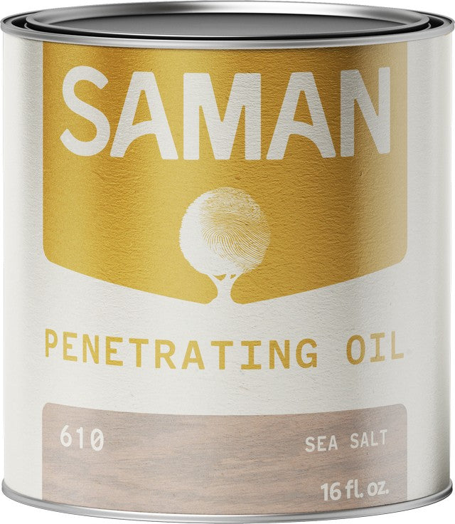 Can of Saman Penetrating Oil with gold and white label and sea salt color swatch