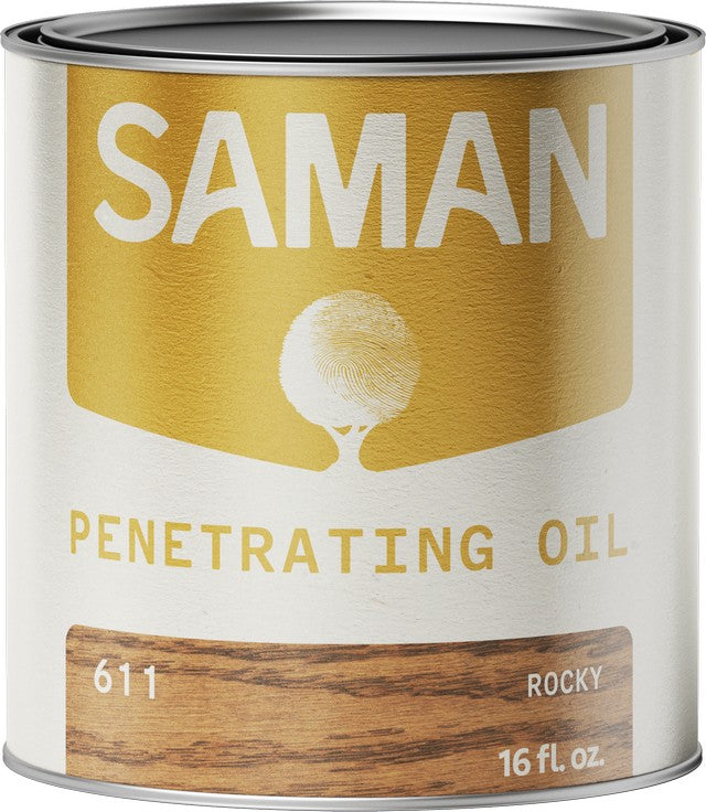 Can of Saman Penetrating Oil with label and rocky color swatch