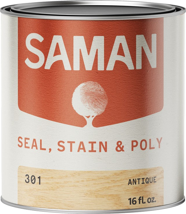 Can of Saman seal, stain, and poly product in antique with label on a white background