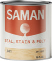 Can of Saman seal, stain, and poly product in antique with label on a white background