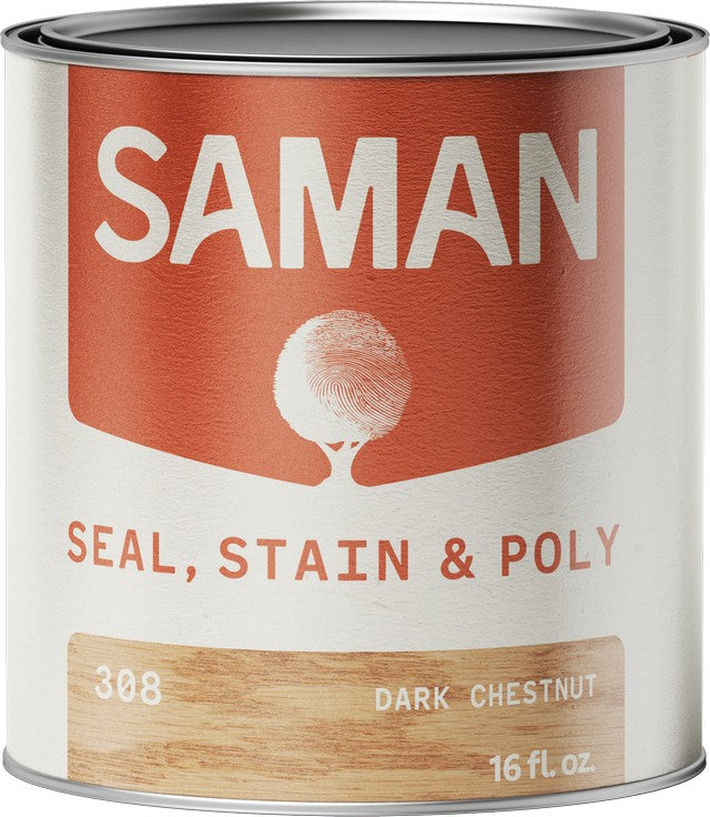 Can of Saman seal, stain, and poly product in dark chestnut with label showing brand name and product description.