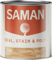 Can of Saman seal, stain, and poly product in dark chestnut with label showing brand name and product description.