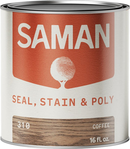 Can of Saman seal, stain, and poly in coffee color on a white background