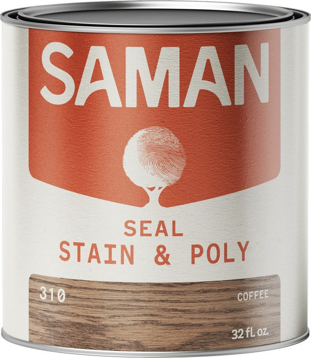 Can of Saman Seal, Stain & Poly in coffee with a wooden finish sample on a white background