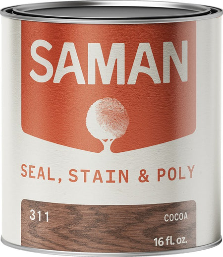 Can of Saman seal, stain, and poly in cocoa color with label on a white background