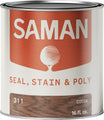 Can of Saman seal, stain, and poly in cocoa color with label on a white background