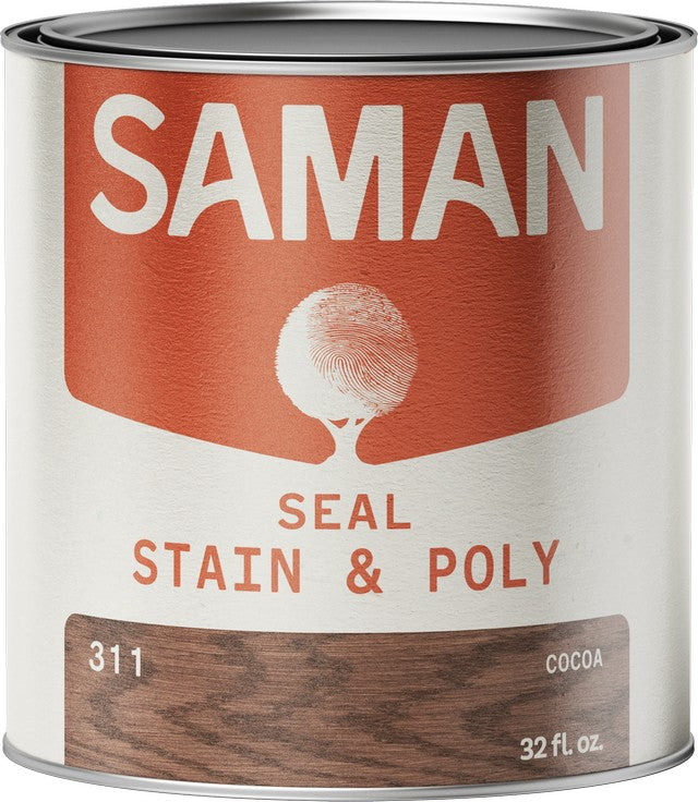 Can of Saman Seal, Stain & Poly in Cocoa color on a white background